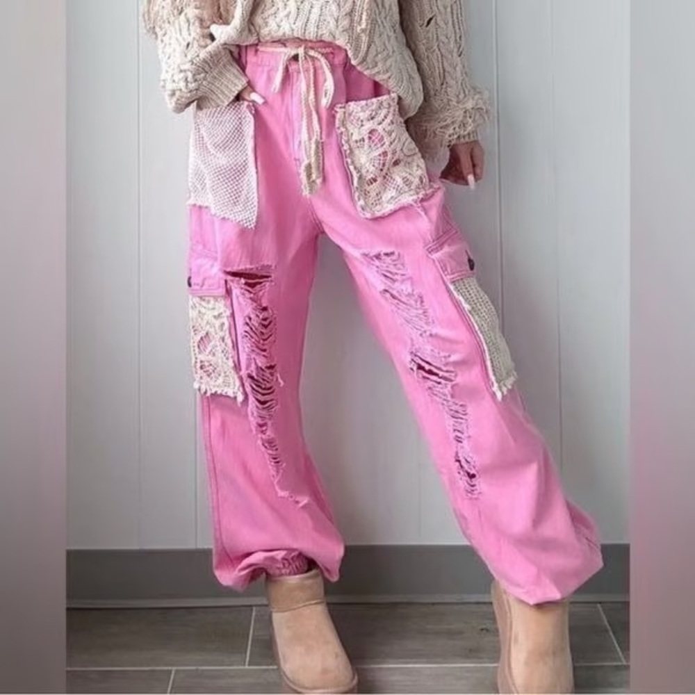 POL Pink Distressed Joggers with Lace Accents